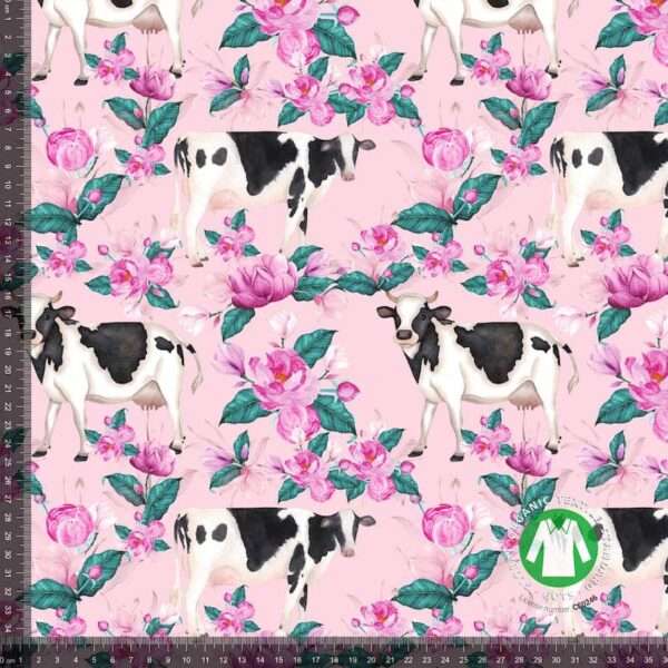 Jersey print med køer og blomster - lyserød