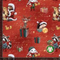 Jersey print med julemandens dyr og pakker på rød baggrund