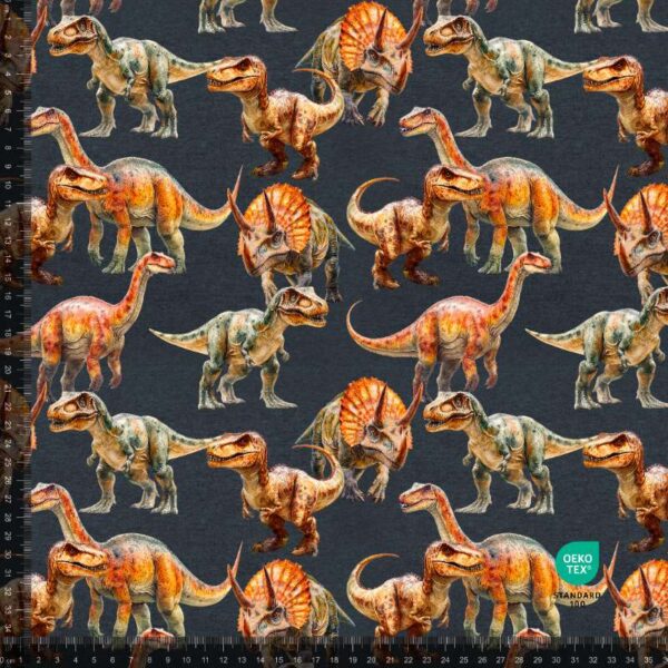 French Terry print med dinosaurer - gråmeleret