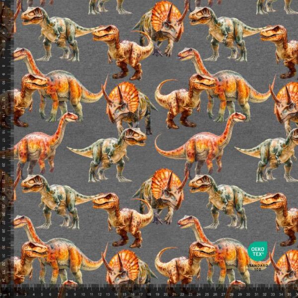 French Terry print med dinosaurer - lys gråmeleret