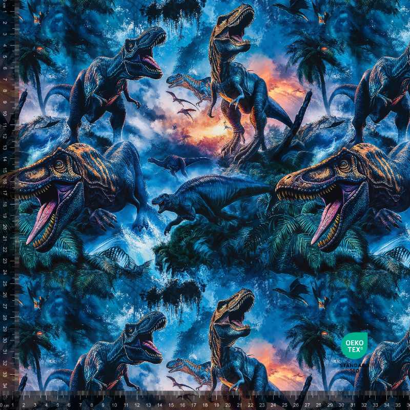 French Terry print med dinosaurer - blå