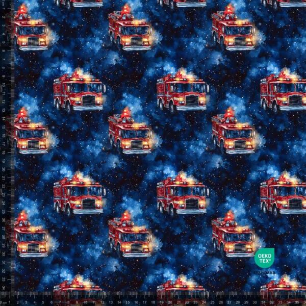 French Terry print med akvarel brandbiler