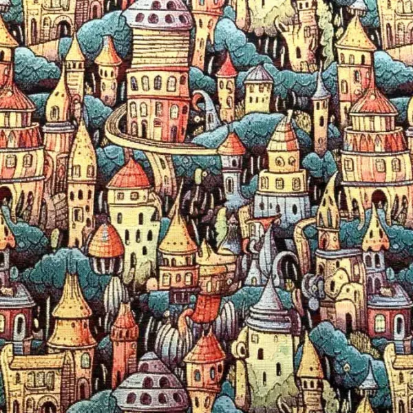 Gobelin med Gaudi inspireret huse
