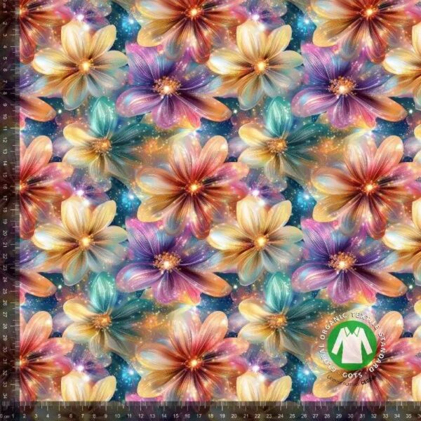 Jersey print med glimtende multifarvede blomster
