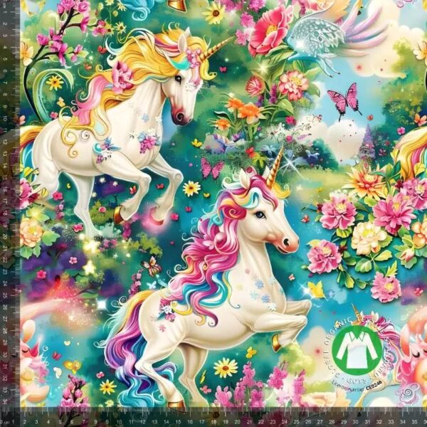Jersey print med farverige enhjørninger og blomster