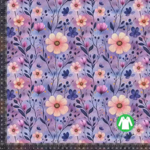 Rib jersey med lilla blomster 2