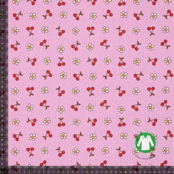 Rib jersey - Kirsebær og blomster - Pink