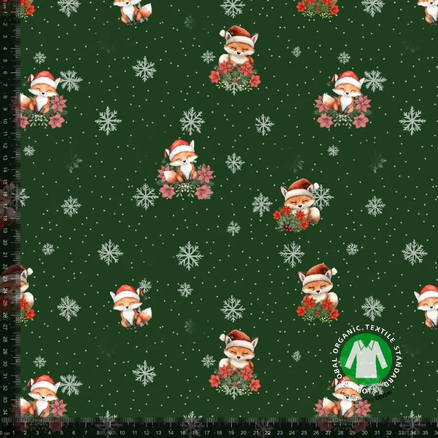 French Terry med søde jule ræve - grøn