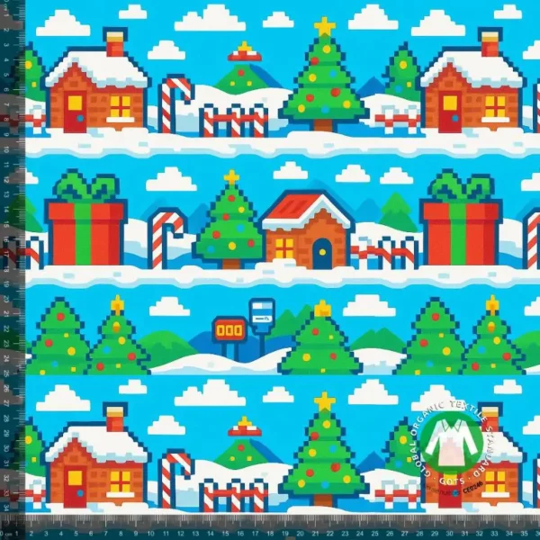French Terry med jule pixel landskab