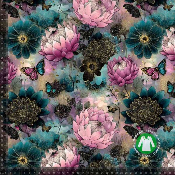 Jersey Print - Sommerfugle og blomster i blå og lyserød