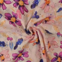 Bomulds broderi med flotte blomster i lilla