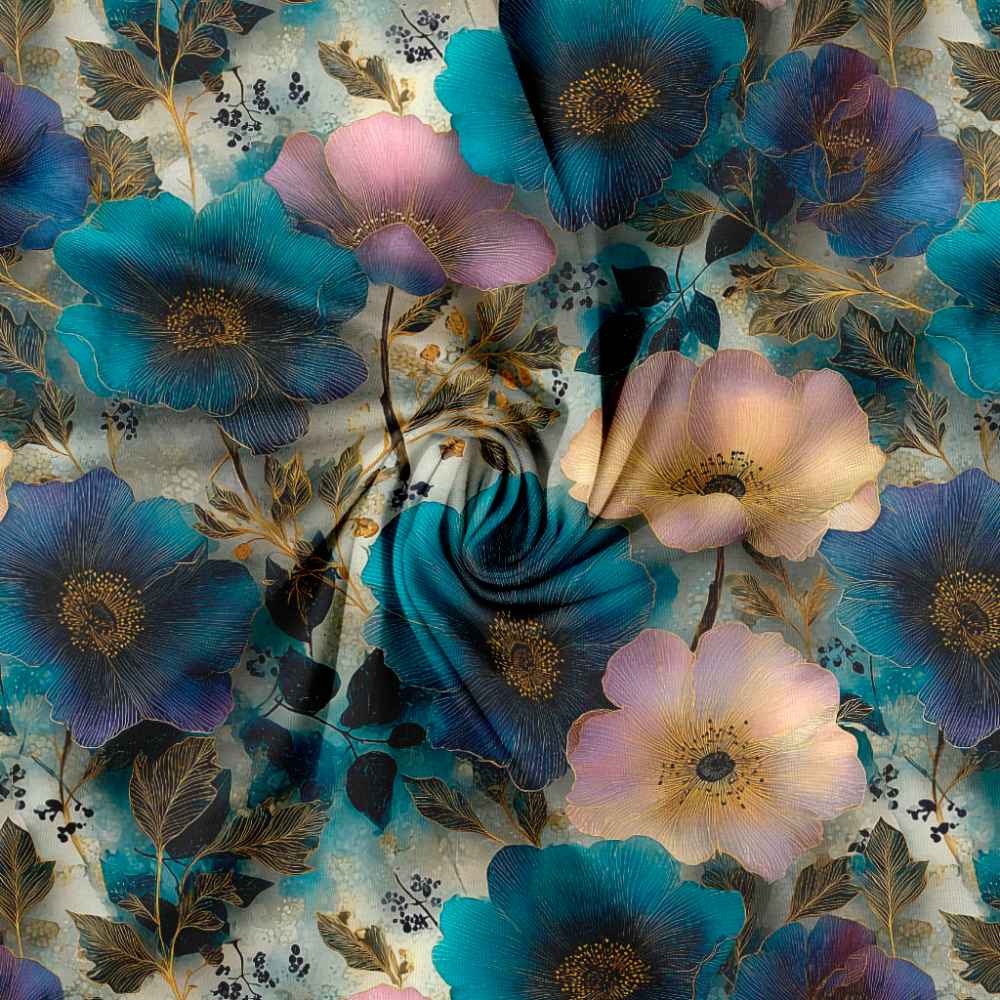 Jersey print med petrol / guld blomster - Billede 2