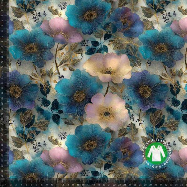Jersey print med petrol / guld blomster