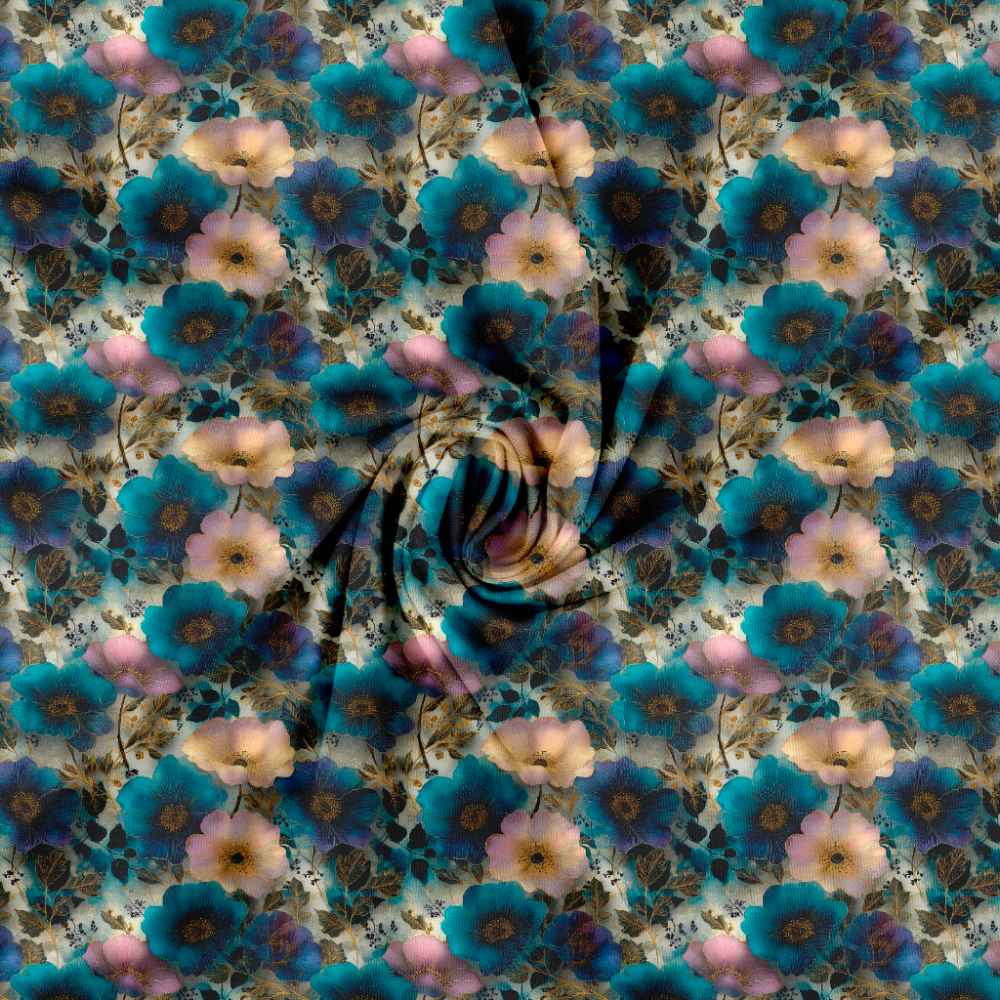 Jersey print med elegante guld og blå blomster - Billede 2