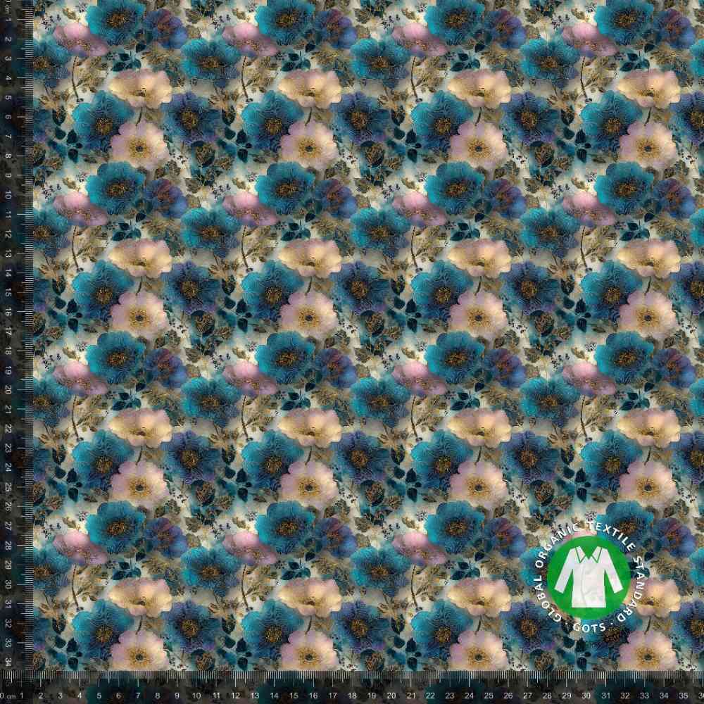 Jersey print med elegante guld og blå blomster