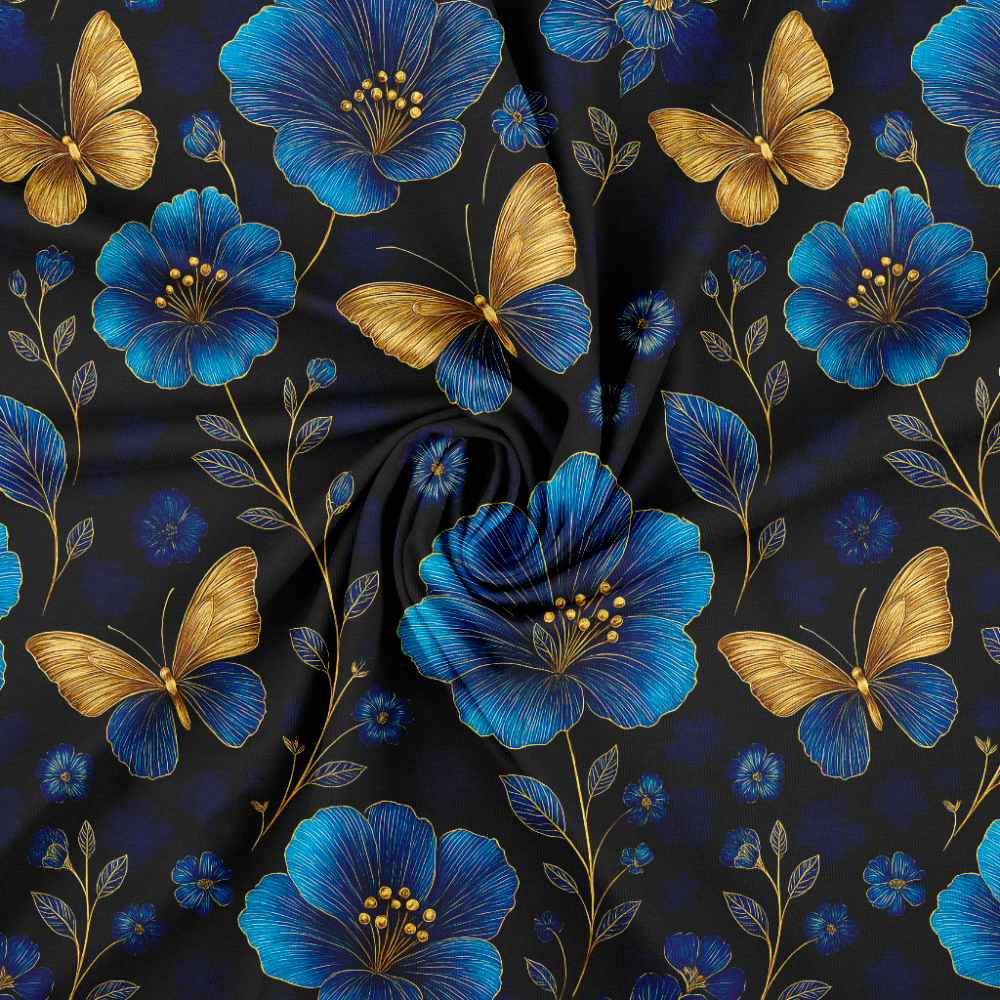 Jersey print med blå blomster og guld - Billede 3