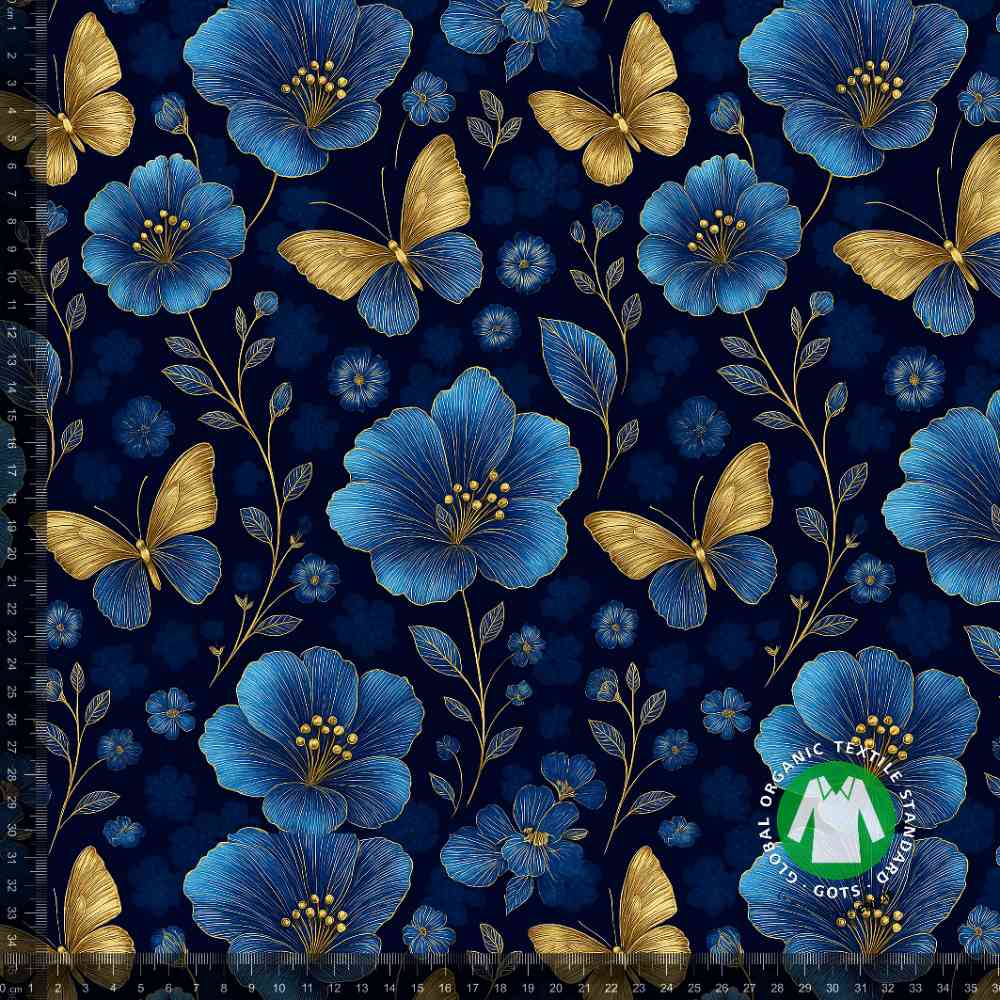 Jersey print med blå blomster og guld