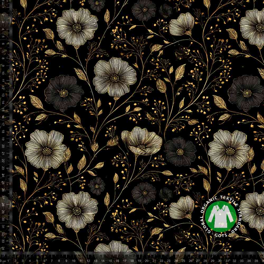 Jersey print med elegante guld blomster