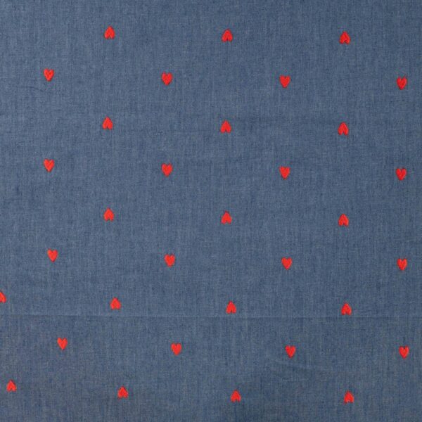 Chambray broderi - Hjerter denim