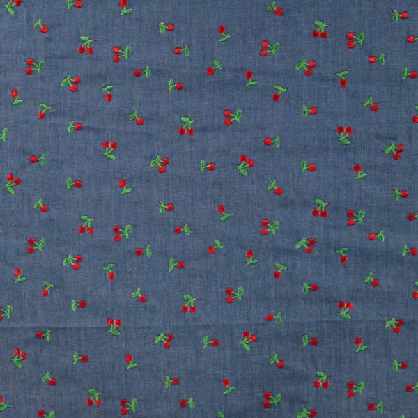 Chambray broderi - Kirsebær denim