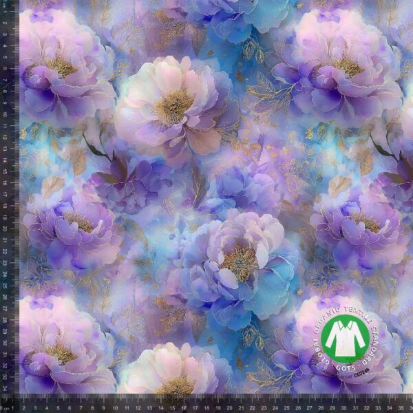 Jersey print med lilla guld-blomster