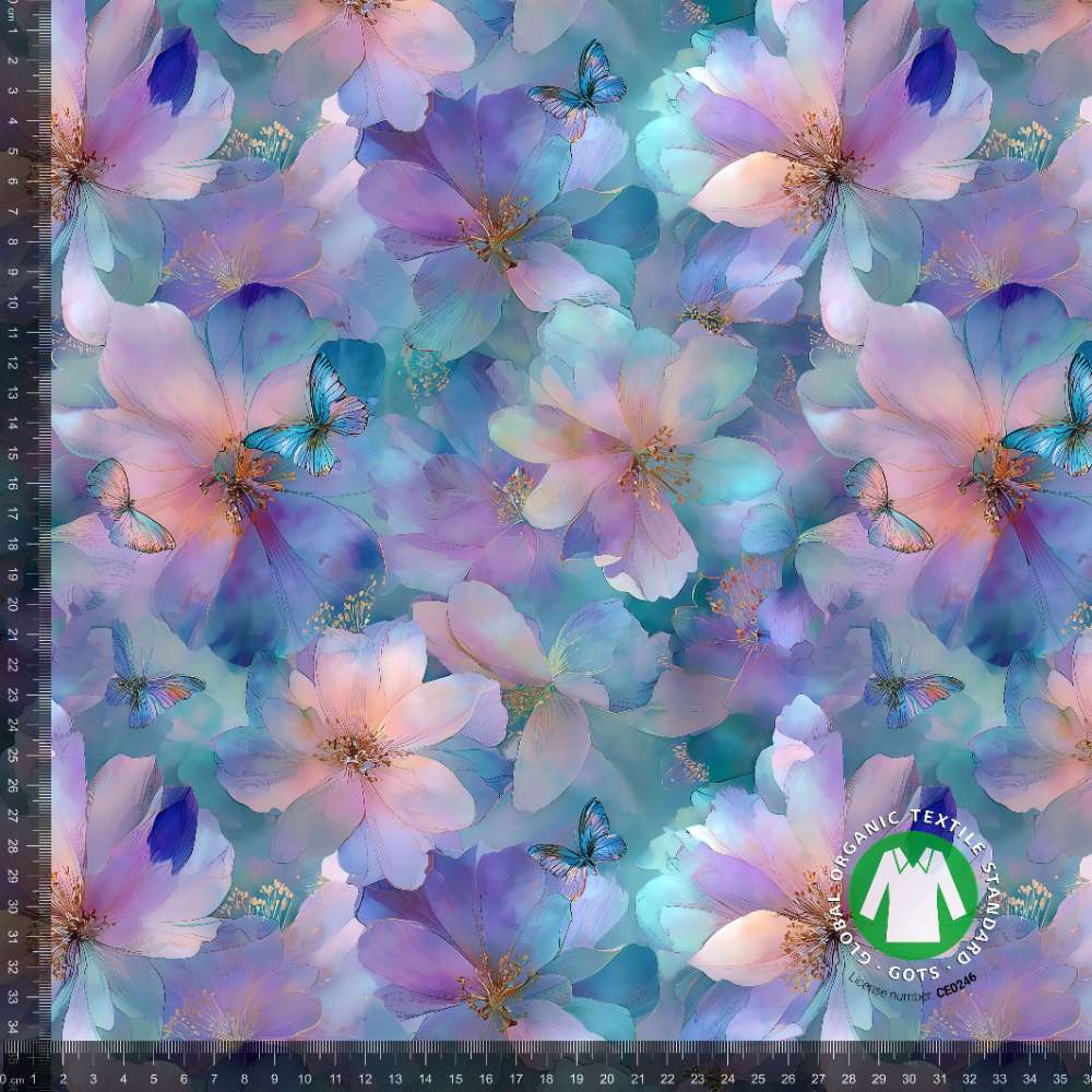 Jersey print med fadede smukke blomster - lilla