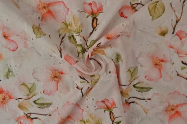 100% bomuld med broderi og blomster - rosa