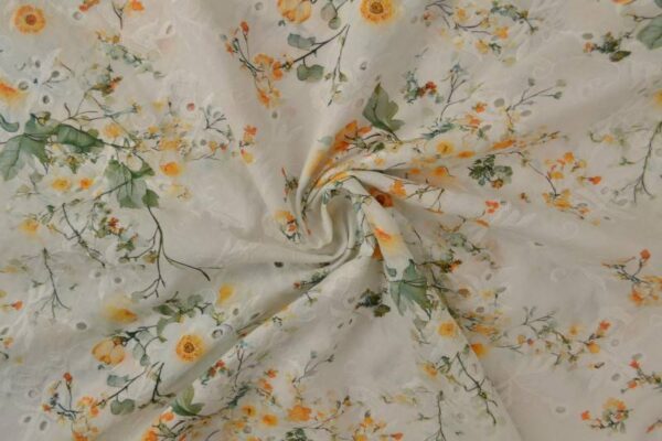 100% bomuld med broderi og blomster - blågul