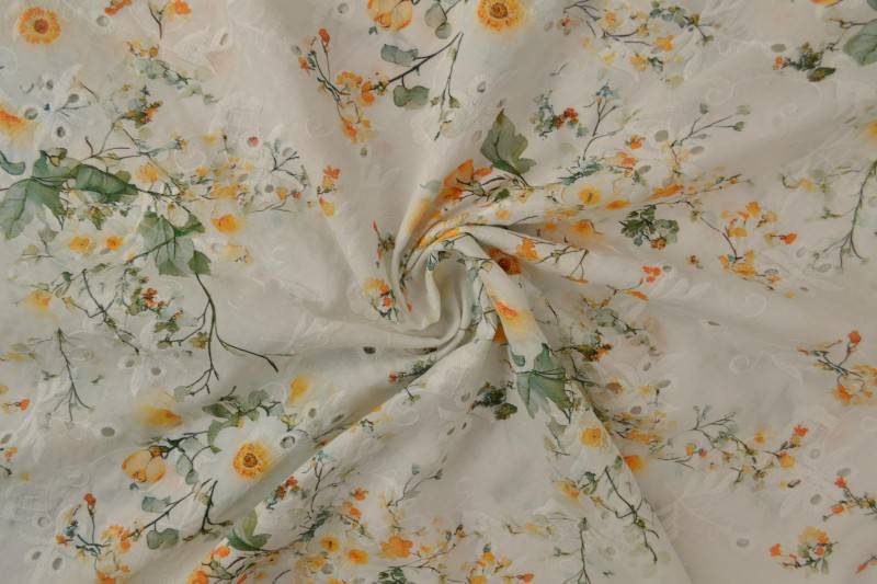100% bomuld med broderi og blomster - blågul