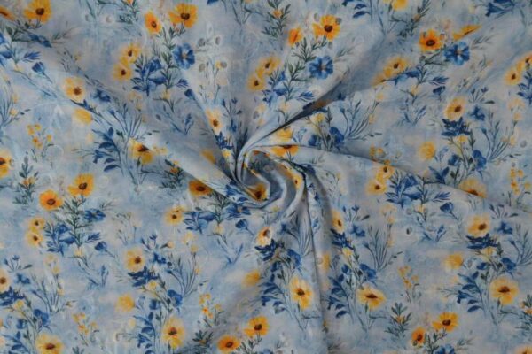 100% bomuld med broderi og blomster - blå