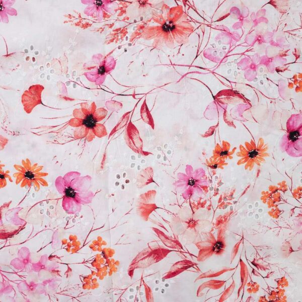 100% bomuld med broderi og forårsblomster - fuchsia