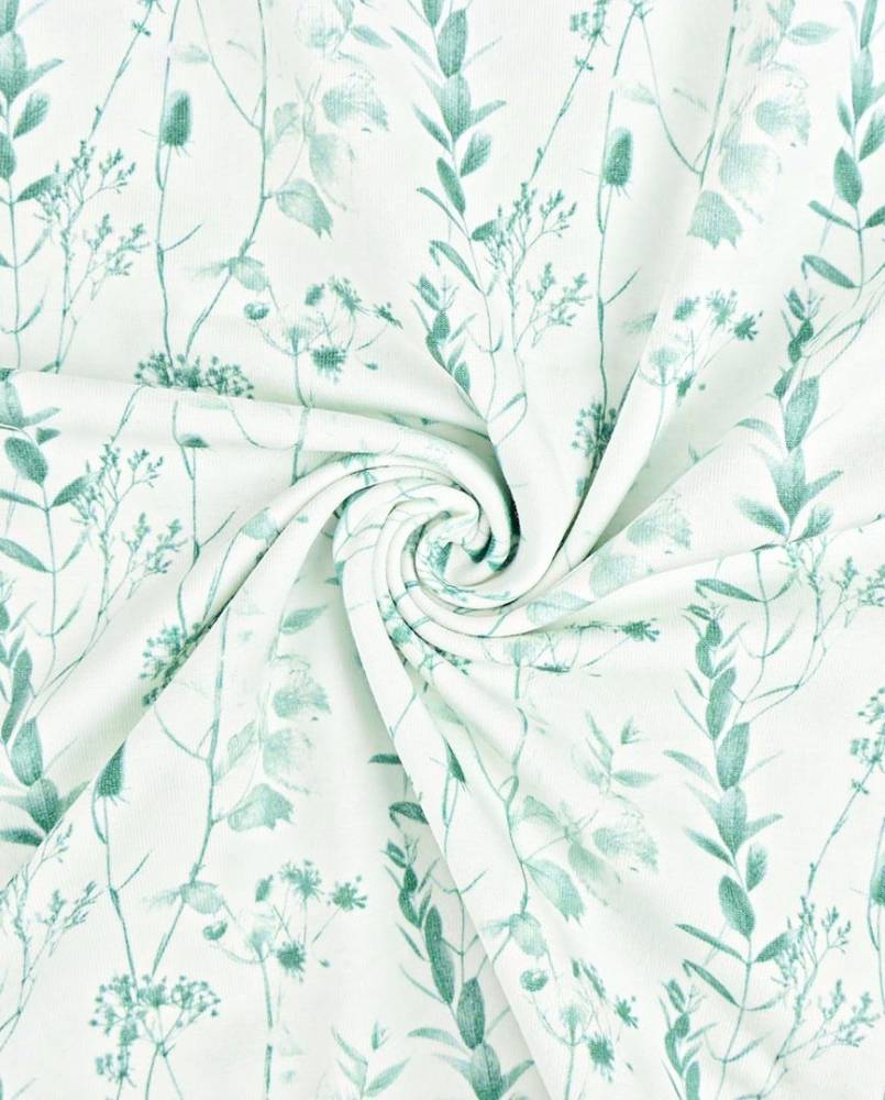 French Terry print med blomster - hvid & grøn - Billede 2