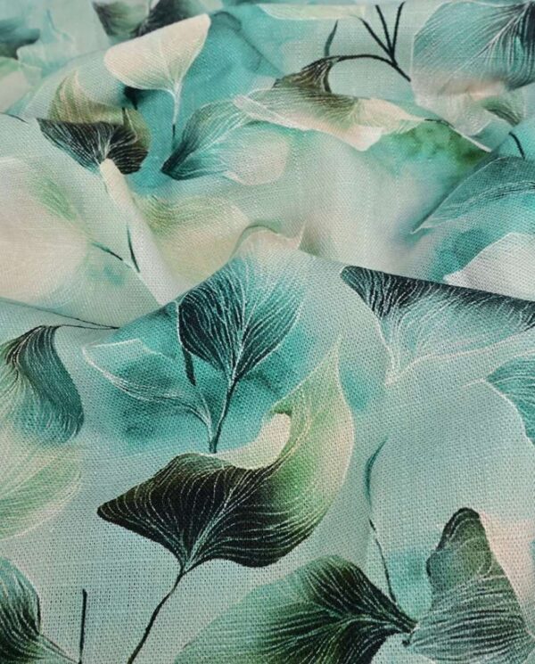 Viscose / hør print med flotte blade - mint