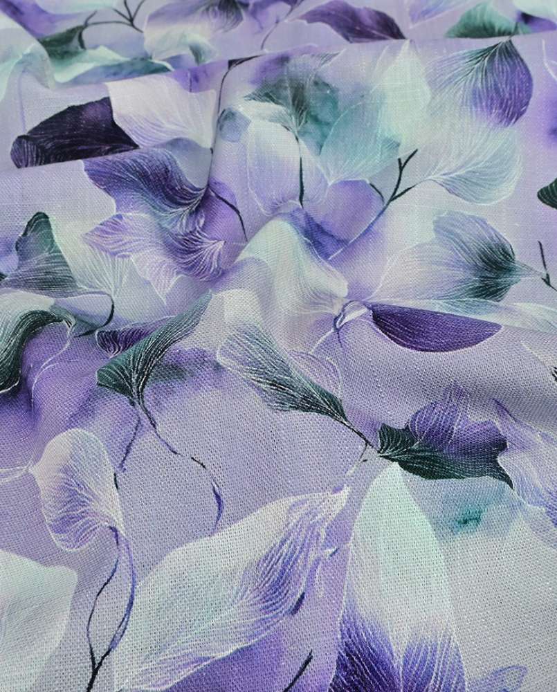 Viscose / hør print med flotte blade - lilla - Billede 2