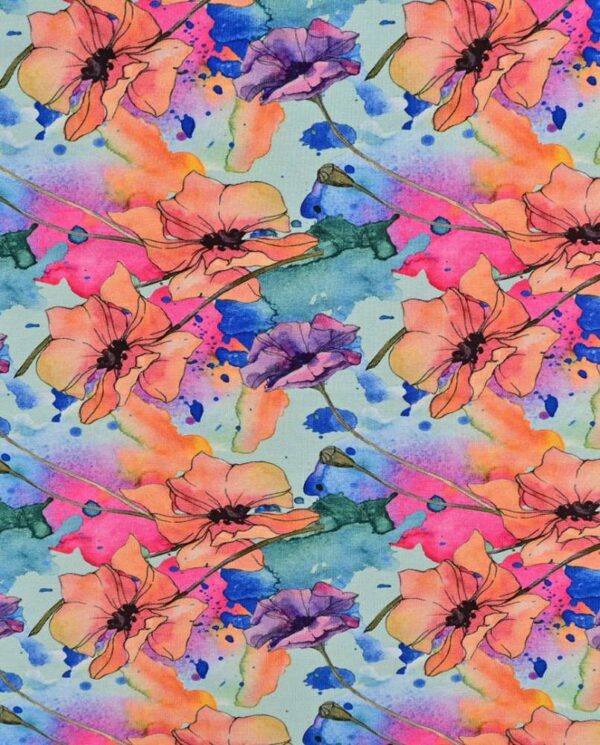 Bambus print med elegante blomster - turkis