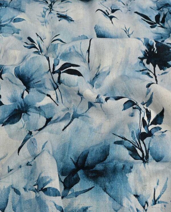Viscose / hør print med flotte blade - blå