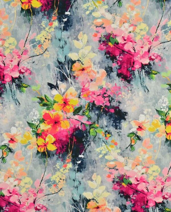 Bambus print med flotte blomster - grå