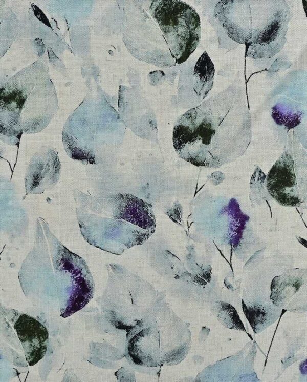 Viscose / hør print med flotte blade - blå, lilla
