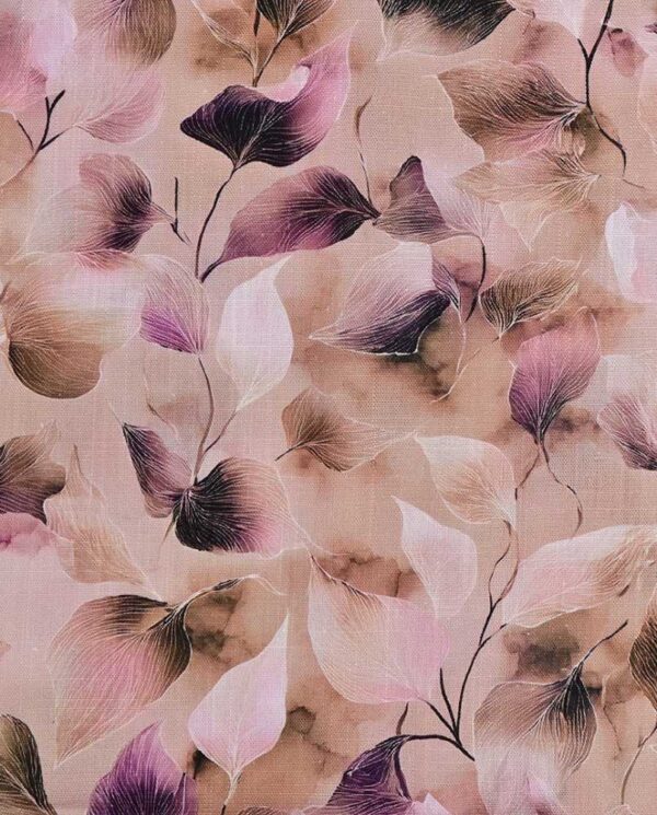 Viscose / hør print med flotte blade - fuchsia