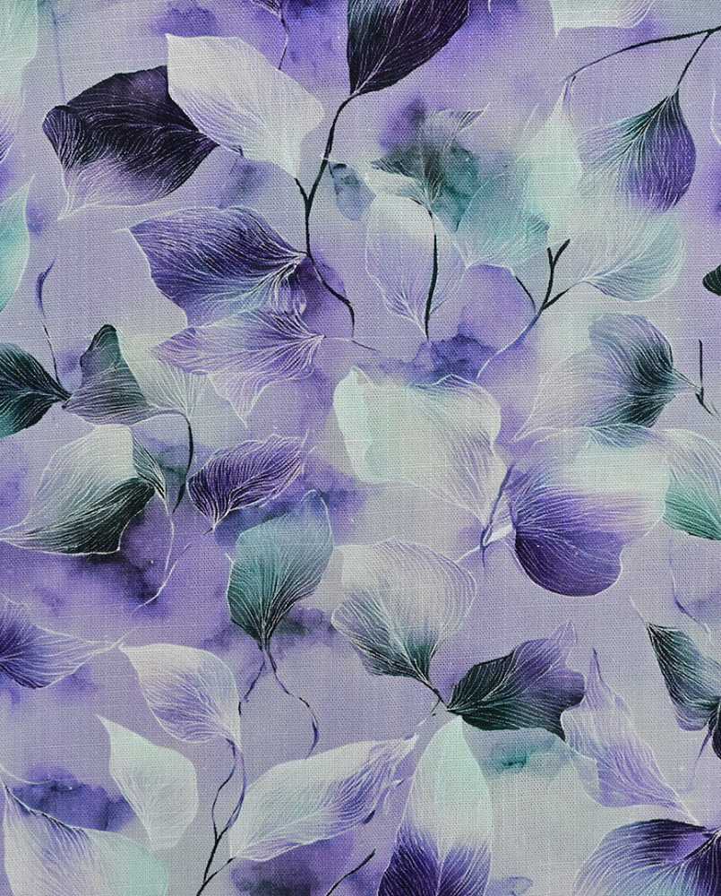 Viscose / hør print med flotte blade - lilla