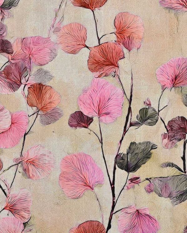 Viscose / hør print med flotte blade - pink
