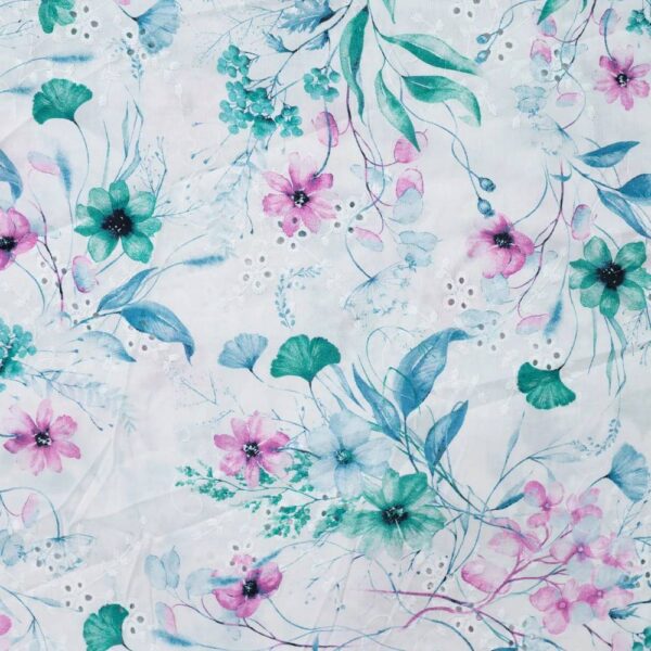 100% bomuld med broderi og forårsblomster - petrol