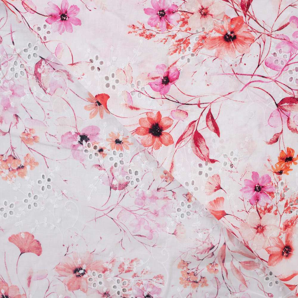 100% bomuld med broderi og forårsblomster - fuchsia - Billede 4