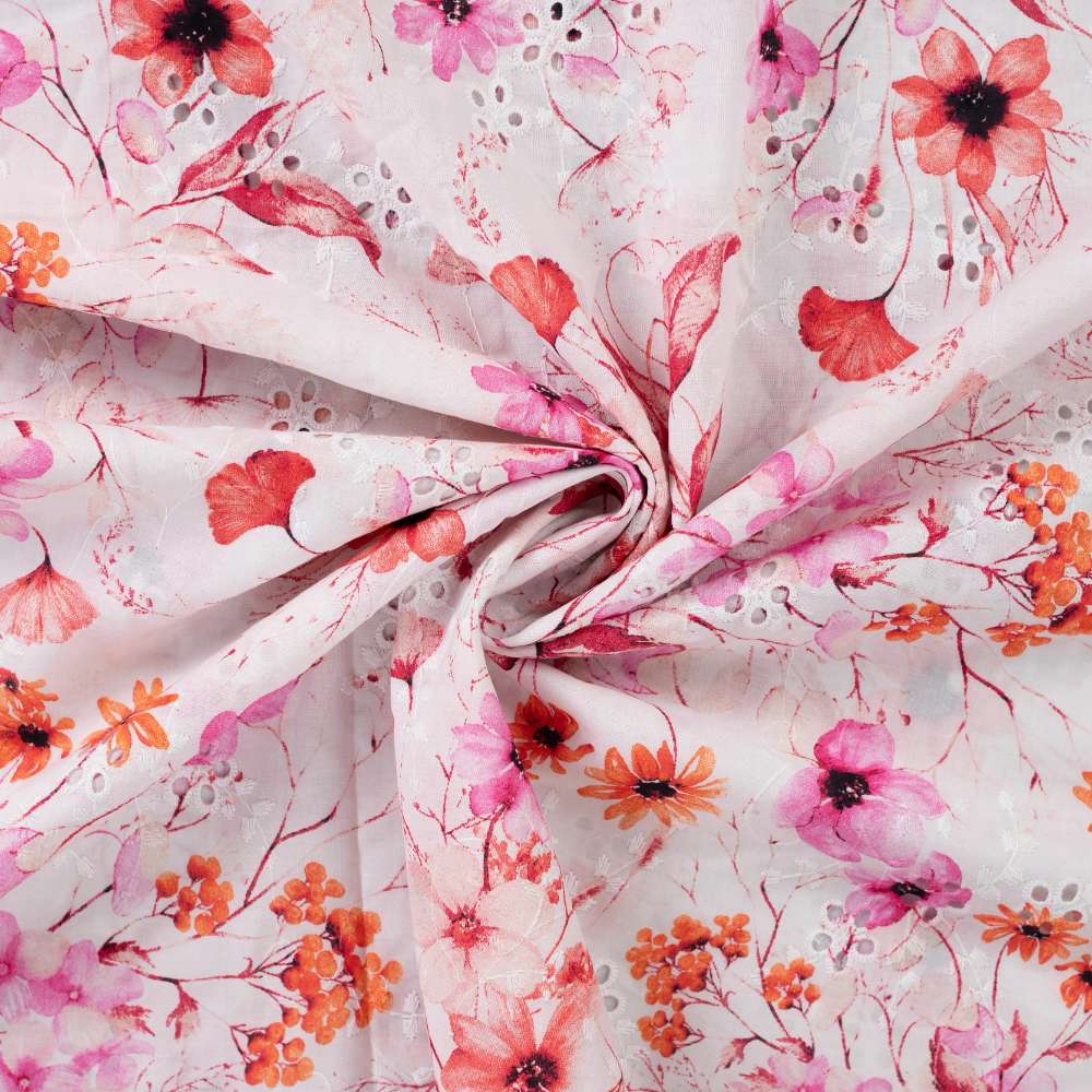 100% bomuld med broderi og forårsblomster - fuchsia - Billede 2