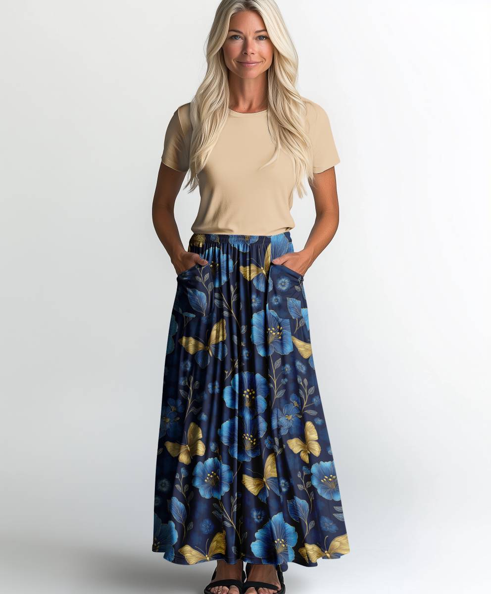 Jersey print med blå blomster og guld - Billede 2