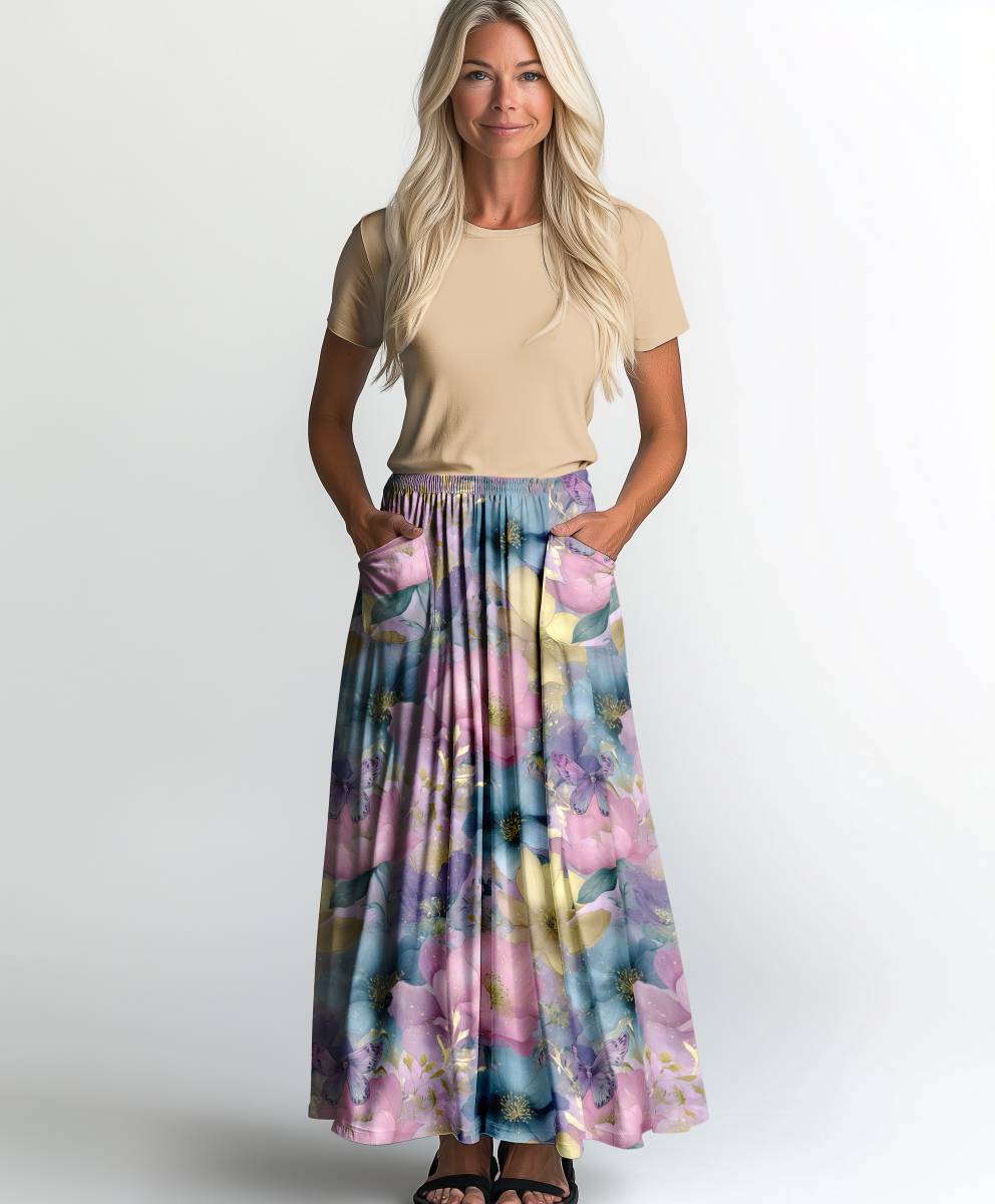 Jersey print med pastel guld blomster - Billede 2