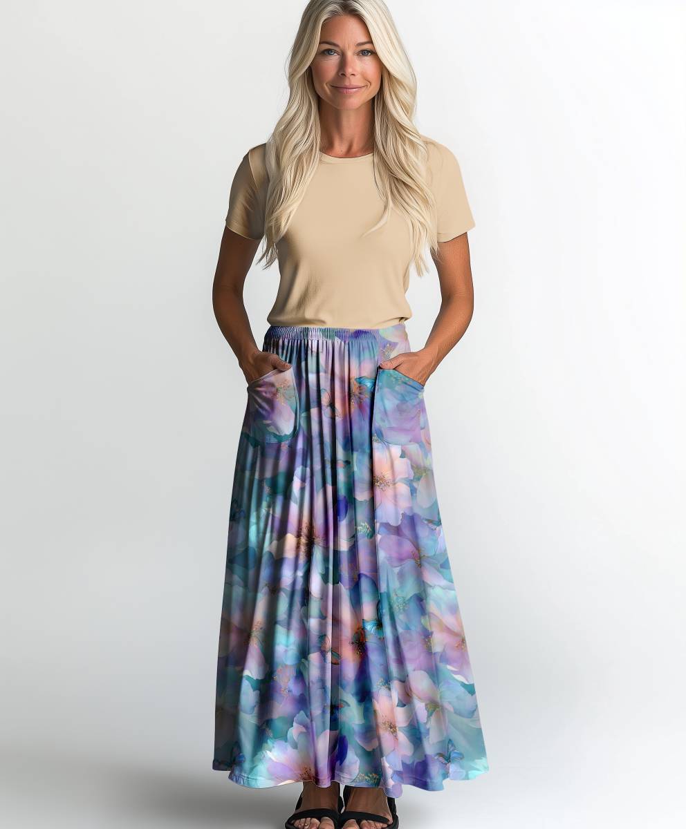 Jersey print med fadede smukke blomster - lilla - Billede 2
