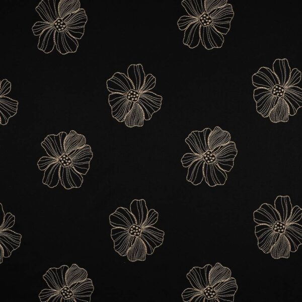 Hør viscose - blomster broderi sort