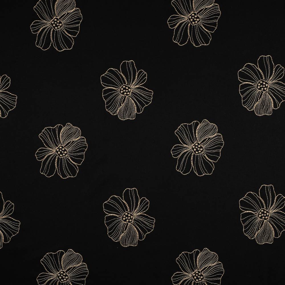 Hør viscose - blomster broderi sort