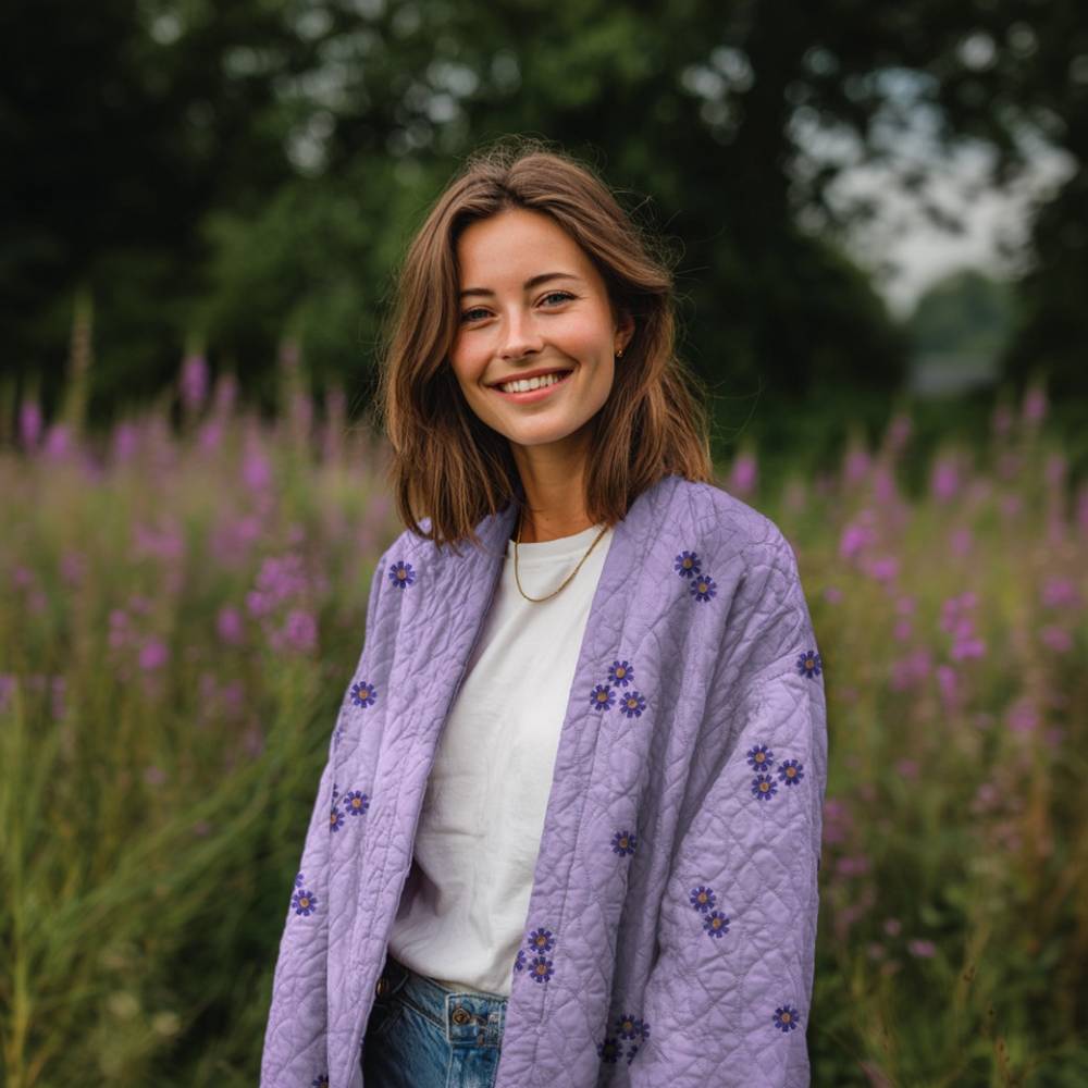 Broderi anglaise - blomster lilla - Billede 5